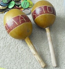 Lot of 2 Vintage Wood Handle Coconut Shell St Thomas Painted Maracas 9 1/2" Long