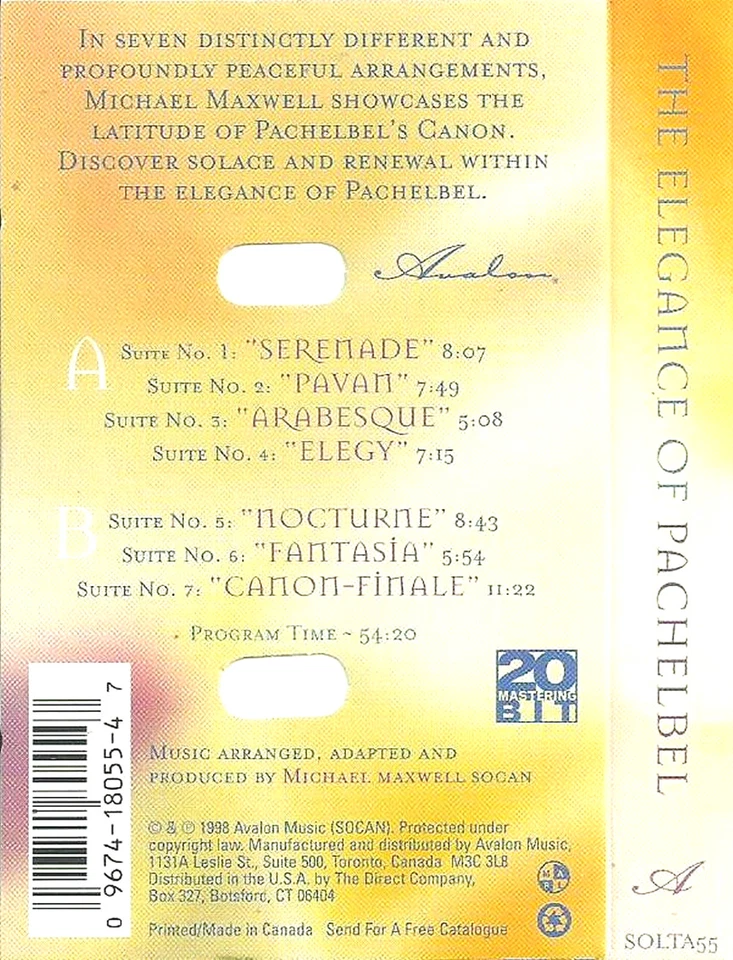 PACHELBEL THE ELEGANCE OF CASSETTE ALBUM Michael Maxwell Classical New Age - Image 4 of 4