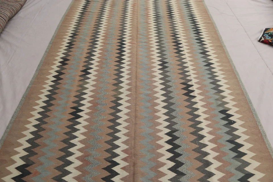 6'2x9'8 ft Afghan Kilim Rug - Gray Beige Geometric Handmade Rug- Living room Rug - Image 3 of 4