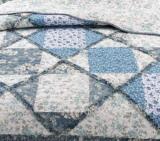 BLUE RUFFLE FARMHOUSE 3pc King QUILT SET : COTTON DIAMOND RAG DIANNA FLORAL ROSE