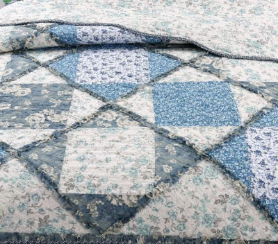 COZY COTTAGE BLUE RUFFLE FARMHOUSE 3pc King QUILT SET : COTTON DIAMOND RAG DIANNA FLORAL ROSE