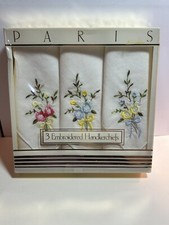 Vintage Paris Boxed Set of 3 Embroidered Cotton Handkerchiefs Pink Blue Flowers
