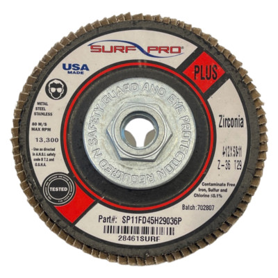 Surf-Pro 4-1/2'' x 5/8-11 Flap Wheel Discs 36 Girt Zirconia PLUS Type 27 10 Pack