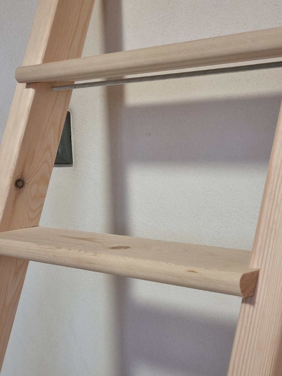 Scala In Legno Massello Di Pino Per Soppalco O Letto A Castello, Larghezza 35 Cm, Altezza 150 Cm - Artigianale