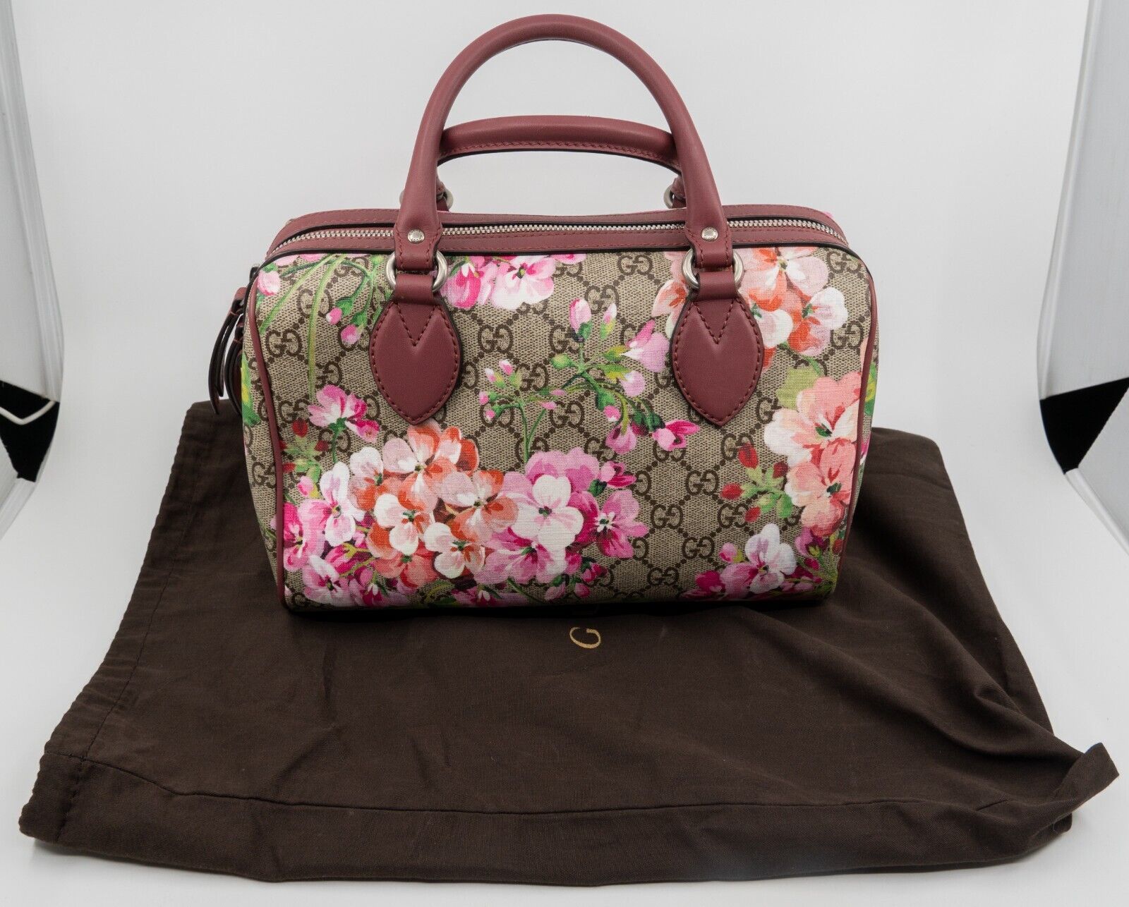 Gucci Blooms GG Supreme Boston Bag in Pink Leather Trim