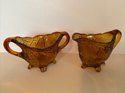Indiana Glass Tiara Amber Creamer and Sugar Sweet Pears Vintage 1970s