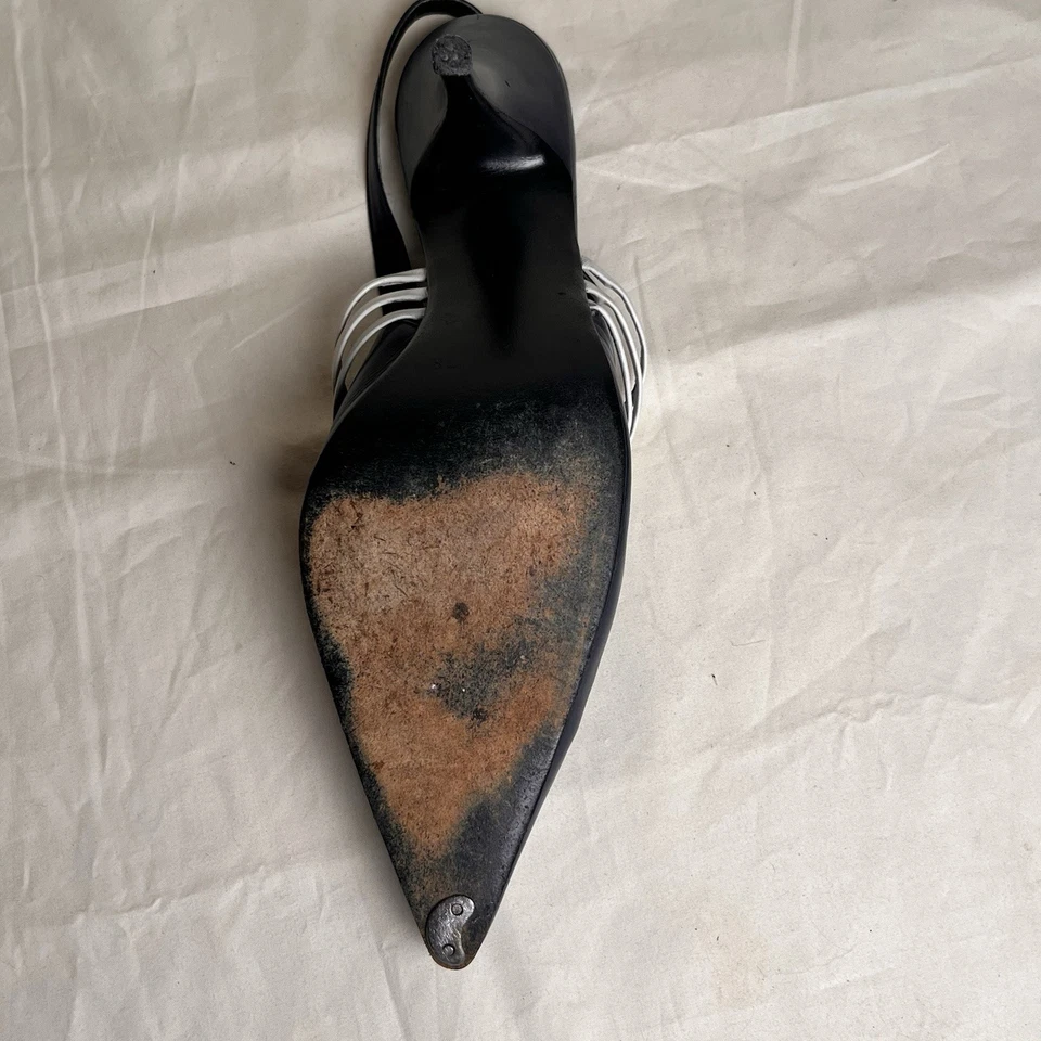 Винтажный 1990-х «Elysee» итальянский кожаный темно-синий + белый слинга каблуки Sz. 7 (N) - Изображение 4 из 4