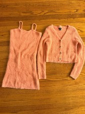 Art Class Target Girls 2 Piece Set Fuzzy Dress Cardigan Sz L Large 10/12 Coral