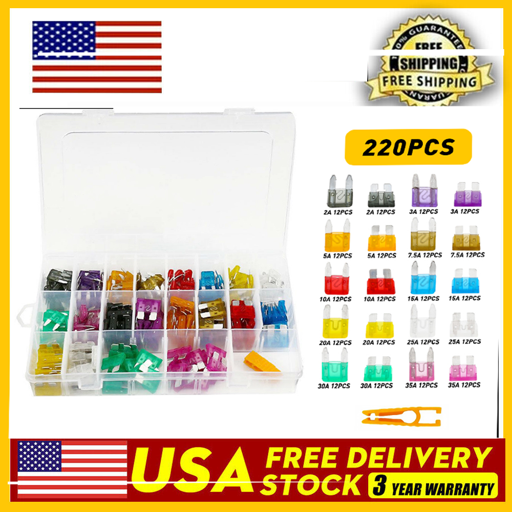 Mini Car Fuse Assortment Assorted Kit Blade Set 220pcs Auto Truck Automotive USA