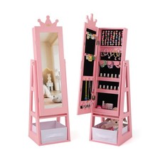 Kids Jewelry Cabinet w/ Full-Length Mirror Foldable Drawer Anti-toppling System