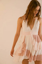 Free People Give It A Go Mini Dress Sleeveless Ruffle Smocked Flared V Neck S