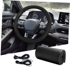 Genuine Leather Steering Wheel Cover, Stitch on Wrap, Breathable Glossy Black