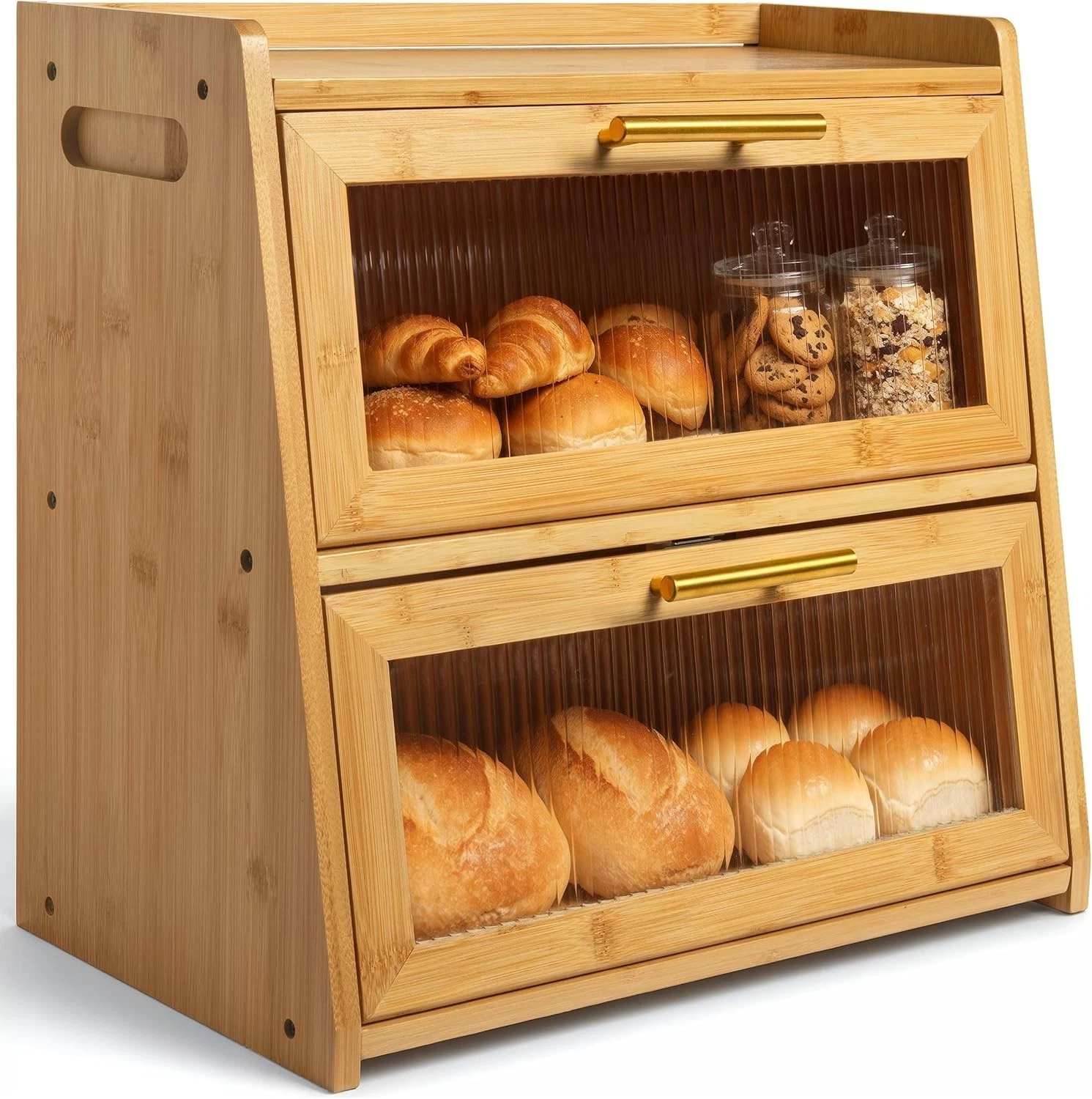Extra Large Bamboo Bread Box Kitchen Countertop Dual-Layer Breadbox Provides