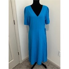 LOFT Outlet Blue Wrap Dress Sz 14 Midi Short Sleeve Tie Waist Linen Blend