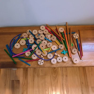 Vintage Wooden Tinkertoy Building Set Lot (~80+ Pieces) - Image 1 of 2