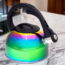 2L Whistling Kettle Stovetop Stainless Steel Iridescent Multi Coloured Rainbow