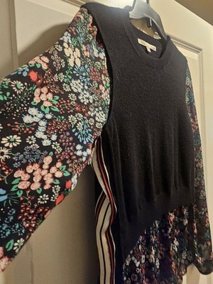Veronica Beard Black Multicolor Floral Striped Knit Pullover Sweater Crew Neck M