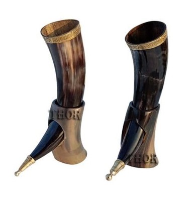 Viking Drinking Horn Mug Thor Hammer Hand Carved Large 10''-12'' with Stand/Set 