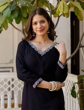 Women Black Printed V Neck Straight Kurta Indian Pakistani Dress Tunic Kurti NEW