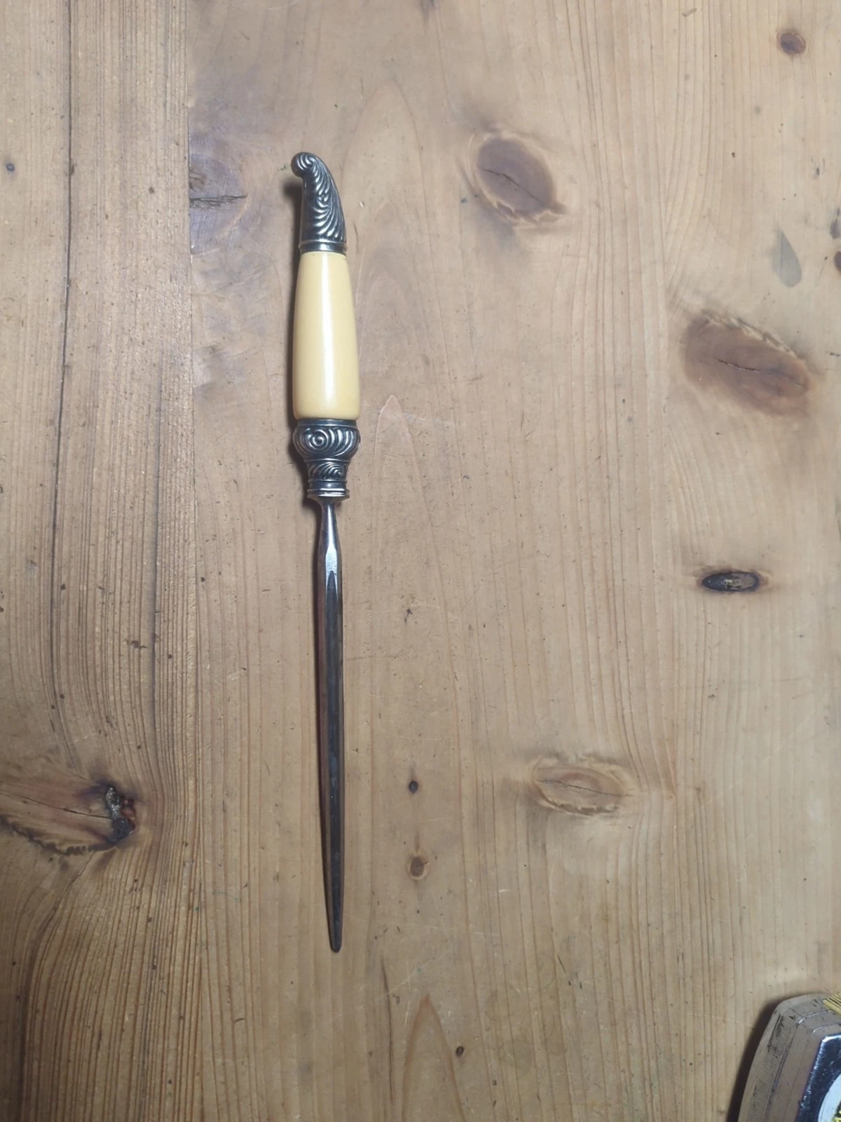 Vintage Knife Sharpening Honing Steel Sterling Silver Collar Ivoroid Handle