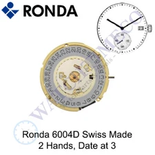 Genuine Ronda 6004D Watch Movement Swiss Made 2 Hands, Date at 3