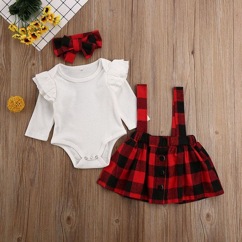 Newborn Baby Girl Ruffle Romper Tops Strap Dress Headband Plaid Outfit Clothes - Picture 9 of 10