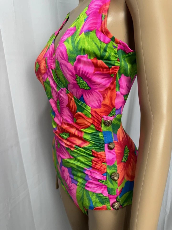 Винтажный редкий купальный костюм ILGWU Esther Williams цельный купальник размер 8 неоновый цветочный - Изображение 4 из 4