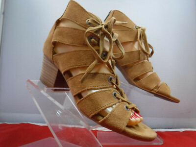 PFR Lucky Brand Genevie Brown Suede Leather Lace Up Caged Sandal Block Heel Sz 6