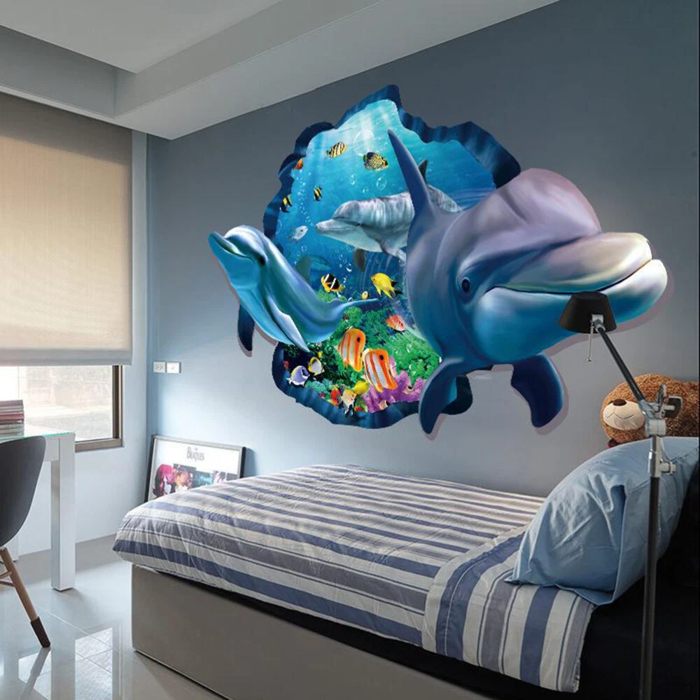 3D Ocean Wall Sticker 3D Ocean Dolphin Wall Decors Peel Stick Wall Arts Decals