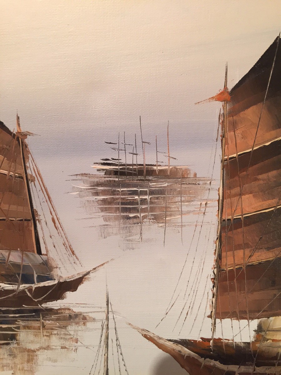 超レア 絵画 アンティーク ヴィンテージ 油絵 風景画 船 Tony Wong Tony Wong | Tony Wong. Chinese Junk boats in still waters