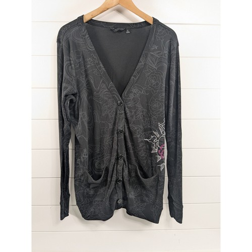 Fox Racing Damen Y2K Graphic Button Up Cardigan Gr. XL Schwarz Tattoo Goth Logo