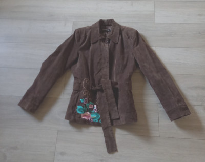 FIORELLI Dark Brown Suede Leather Belted Jacket Y2K Retro Embroidered Boho UK14