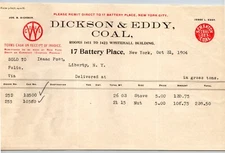 Dickson & Eddy Coal 17 Battery Place, NYC to: Isaac Post 1904 Billhead