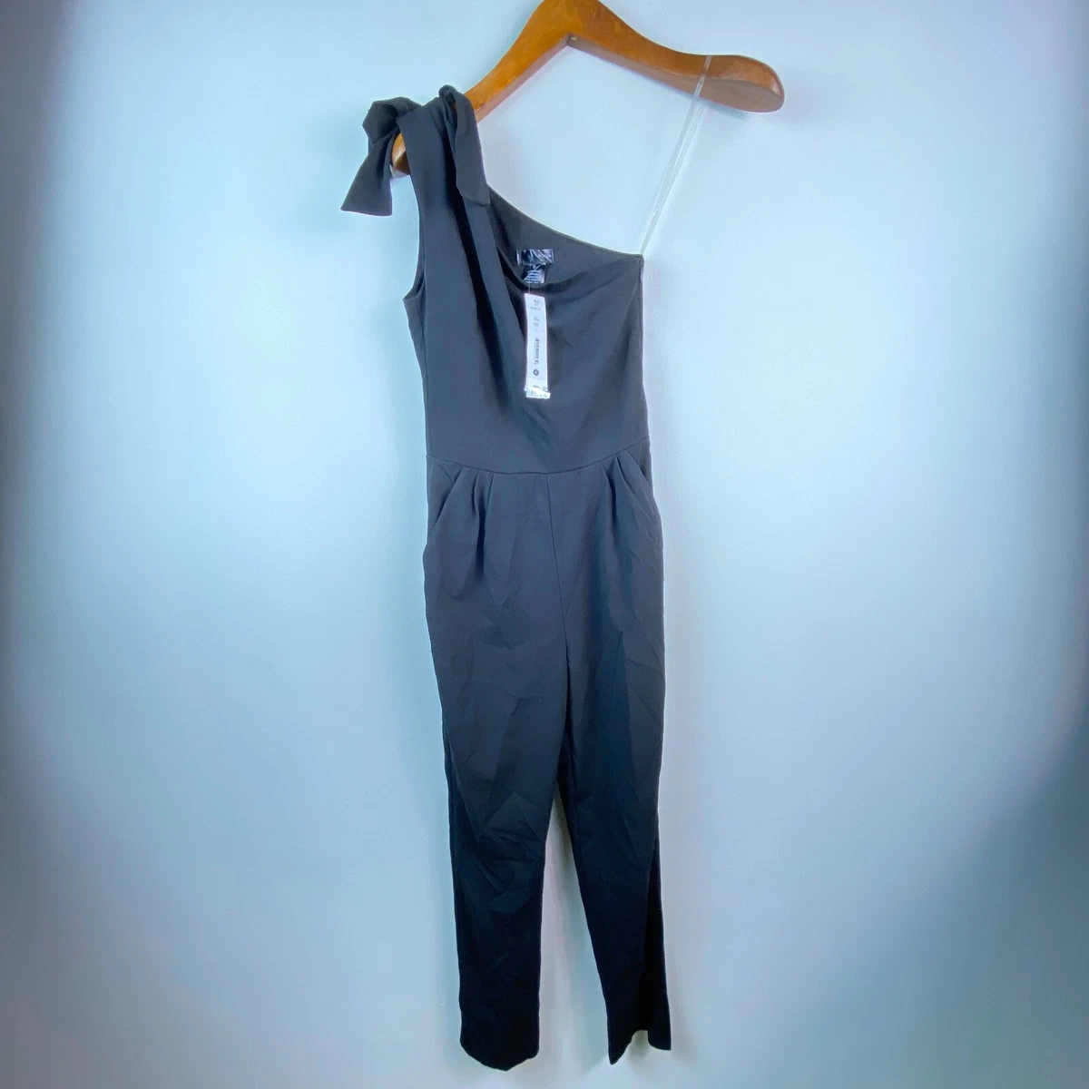 Aqua Womens S Black Bow Accented Sleeveless One Shoulder Jumpsuit