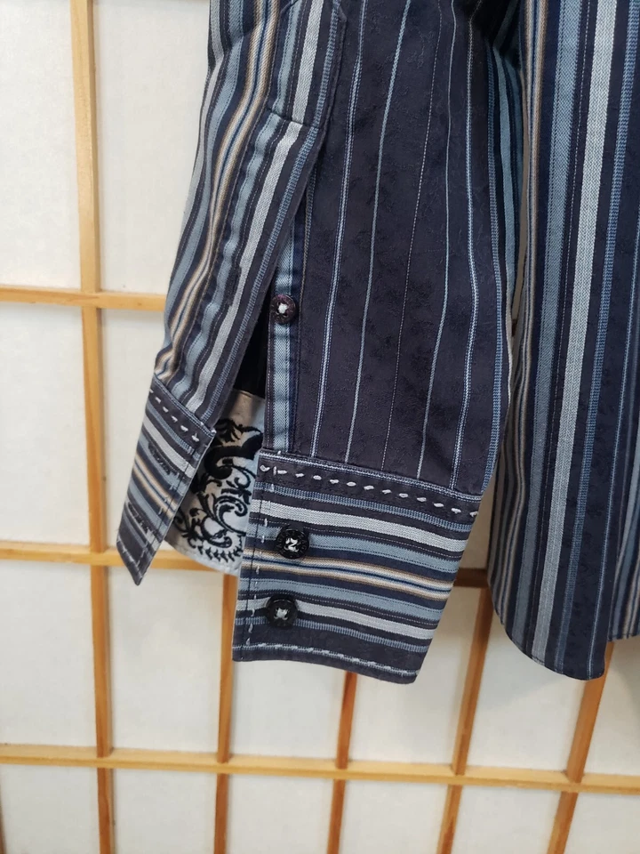 Camisa masculina ZAGIRI multicolorida listrada contraste punho manga longa botão para cima tamanho M - Imagem 4 de 4