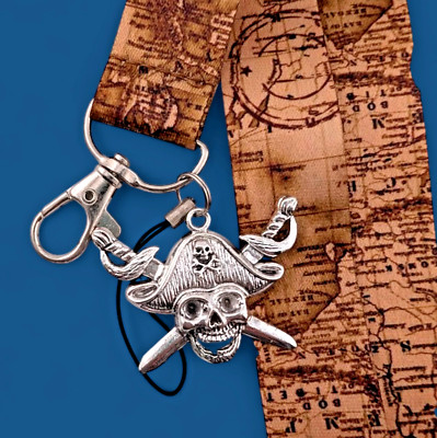 PIRATE LANYARD treasure map neck strap jolly roger skull sword charm key ring 1W