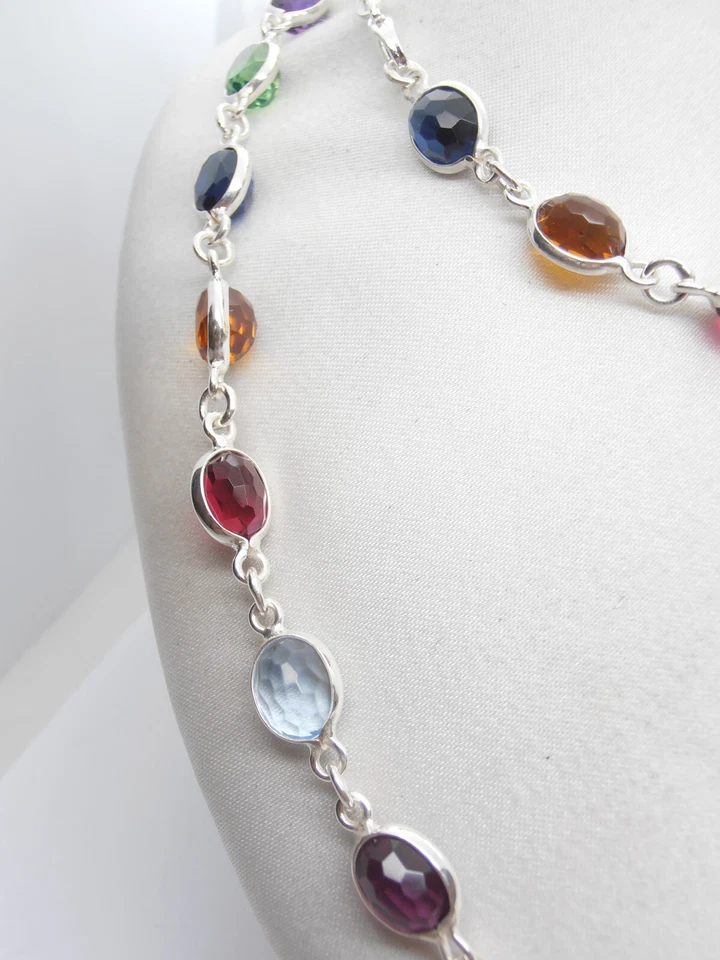 Collana in Argento 925 e Pietre Sintetiche - Girocollo Ametista Zaffiro Smeraldo - Immagine 2 di 4