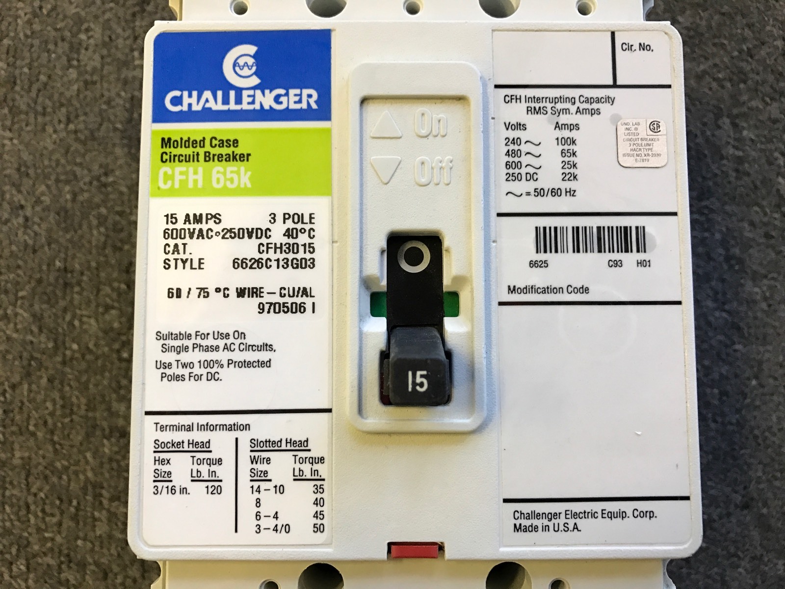 CHALLENGER CIRCUIT BREAKER 15 AMP 600V 3 POLE CFH3015 eBay