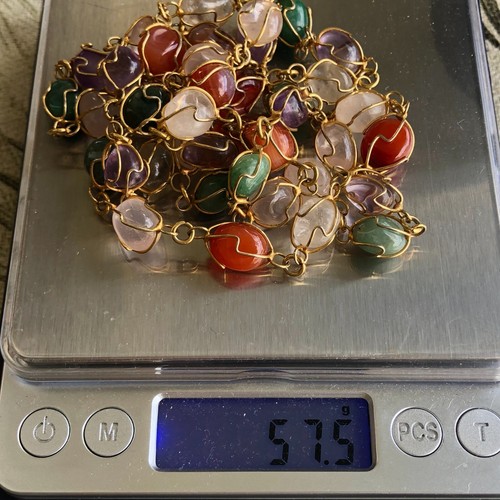Vintage Multi Colored Caged Amethyst Quartz Jade Nugget Necklace Gold Tone 35" - Picture 8 of 8