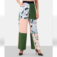 Tory Burch 100% Silk Floral Wide-Leg Cargo Patchwork Trousers Pants Size 6