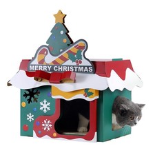 Cardboard Cat House Christmas Cottage Scratcher Playhouse 19x17x22 Inch Pad