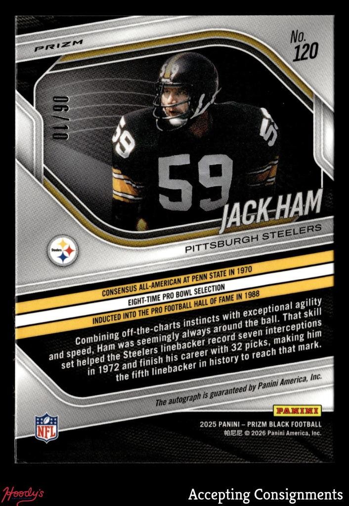 2025 Panini Prizm Black Prizms Gold Shimmer FOTL #120 Jack Ham AUTO 06/10 view 2