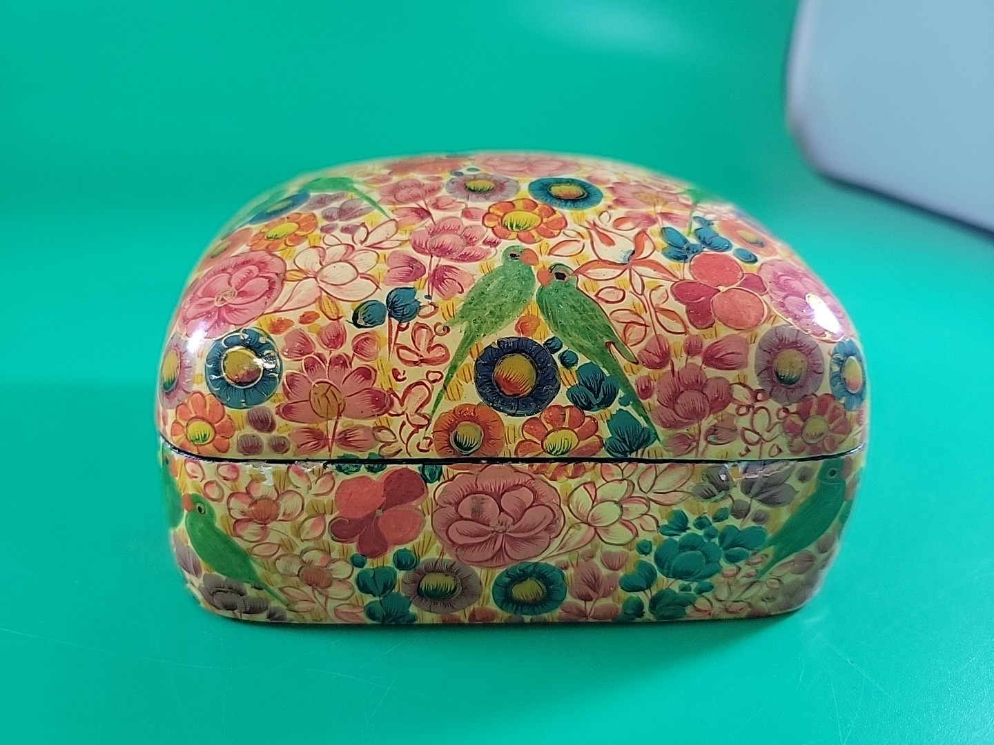 Vintage Kashmir Lacquer Hand-Painted Parrot Paper Mache Trinket Box from India