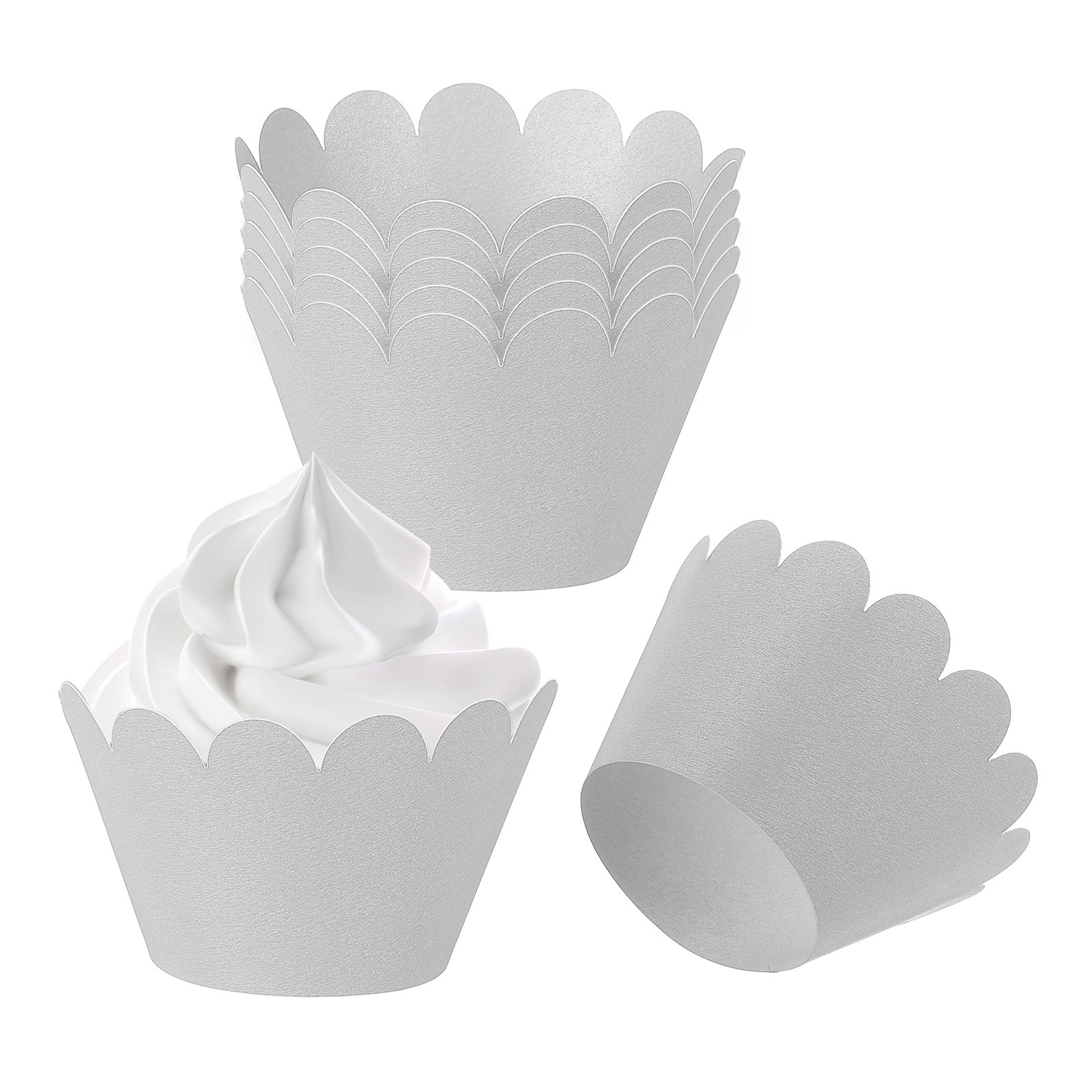 Cupcake Wrappers Paper, 50 Pack Baking Cups Standard Wave Decor, Silver/Grey-image