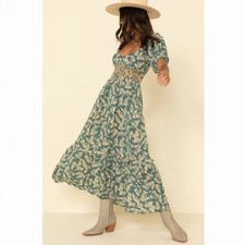 Free People Ellie Boho Green Floral Puff Sleeve Smock Bodice Maxi Dress Sz S