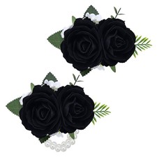 Black Artificial Rose Wrist Corsage 2 Pcs Boutonniere Set Wedding Prom Decor