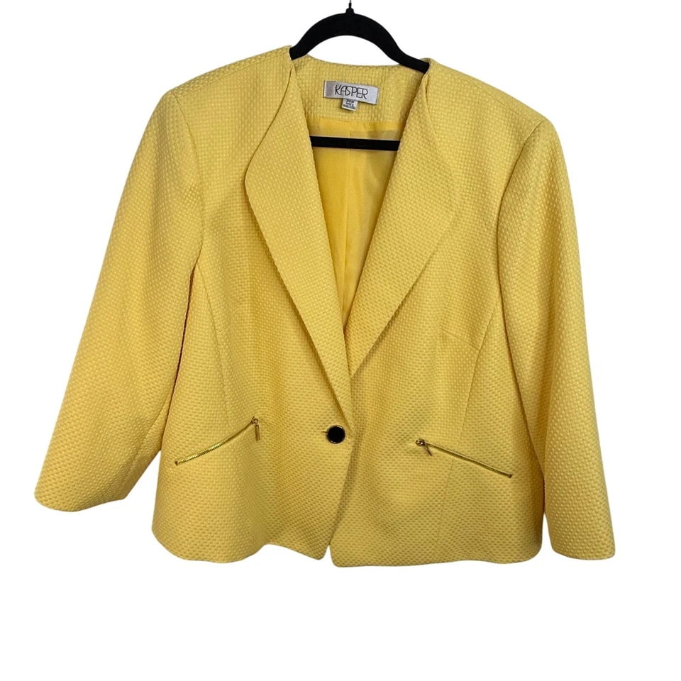 Chaqueta Blazer Kasper Mujer Amarilla Texturizada Bolsillos con Cremallera Un Botón 20W Carrera Foto 2 de 4