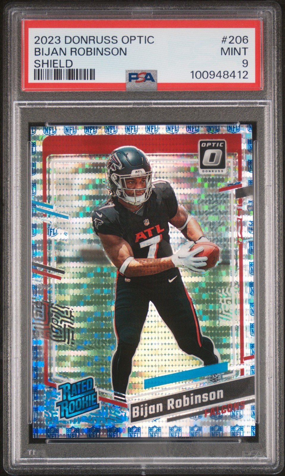 2023 PANINI DONRUSS OPTIC SHIELD #206 BIJAN ROBINSON 10/32 PSA 9