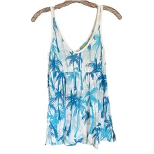 C&C California Blouse Women's L Colorful Blue Palm trees Tank Top Lightweight