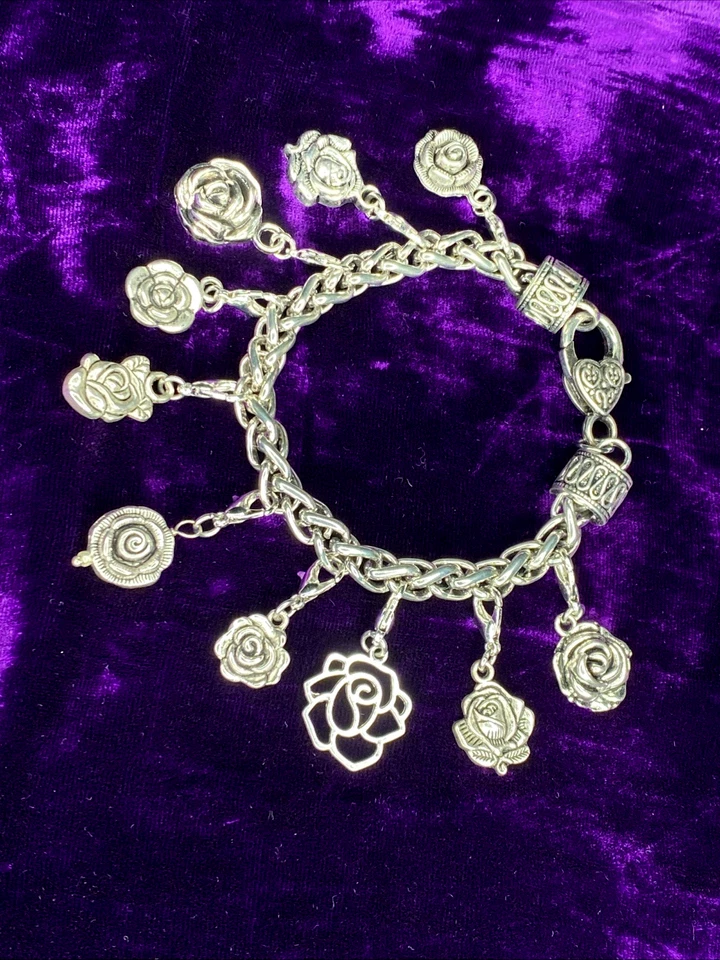 Roses Charm Bracelet Silver Pewter interchageable Charms 8" Flowers Valentine - Image 3 of 4